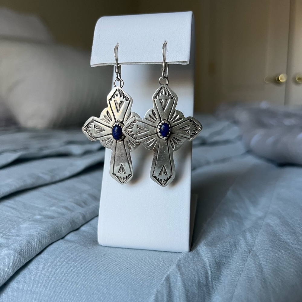 Genuine Sterling Silver & Lapis Cross Earrings